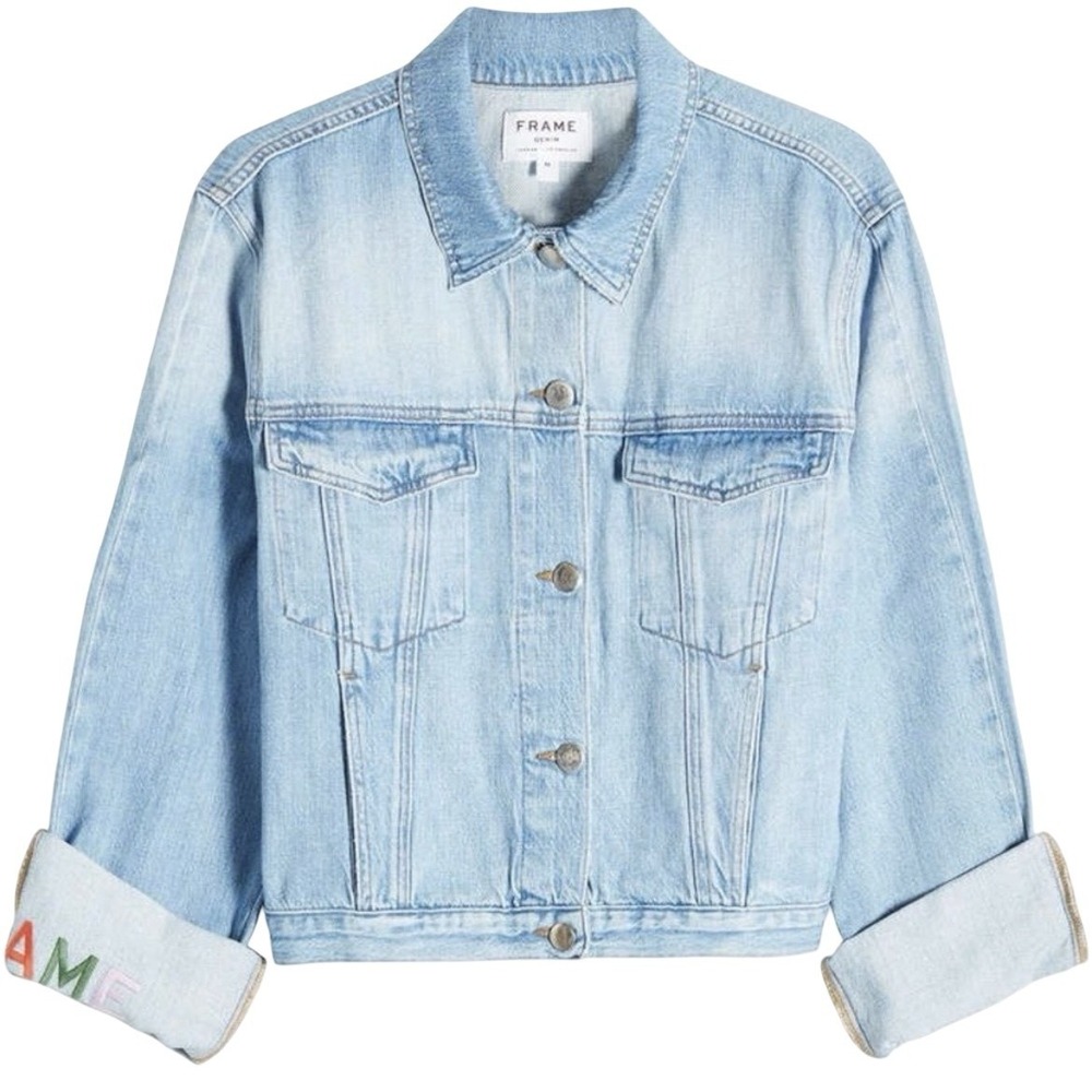 Frame Embroidered Cuffed Jean Jacket Denim Rydell Ave Logo Light Womens Sz Large - Picture 2 of 16